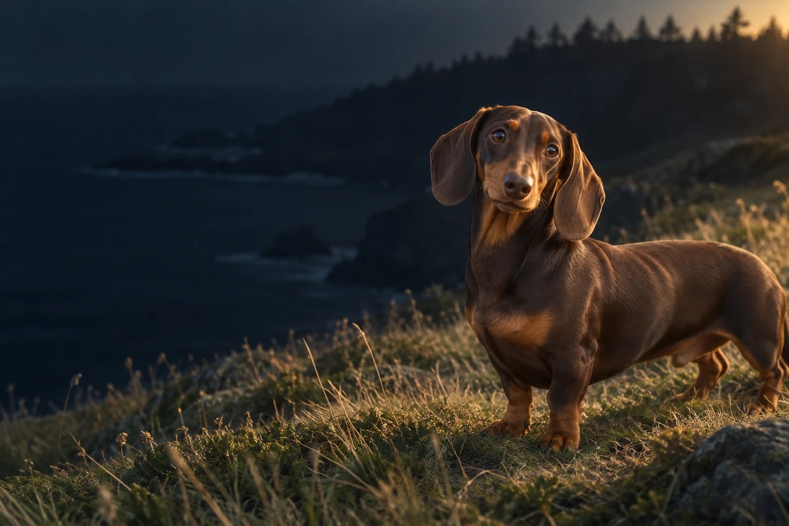 A dachshund on a coastal headland at dusk