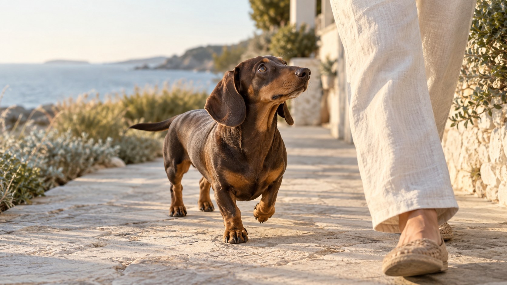 A dachshund on a coastal walk