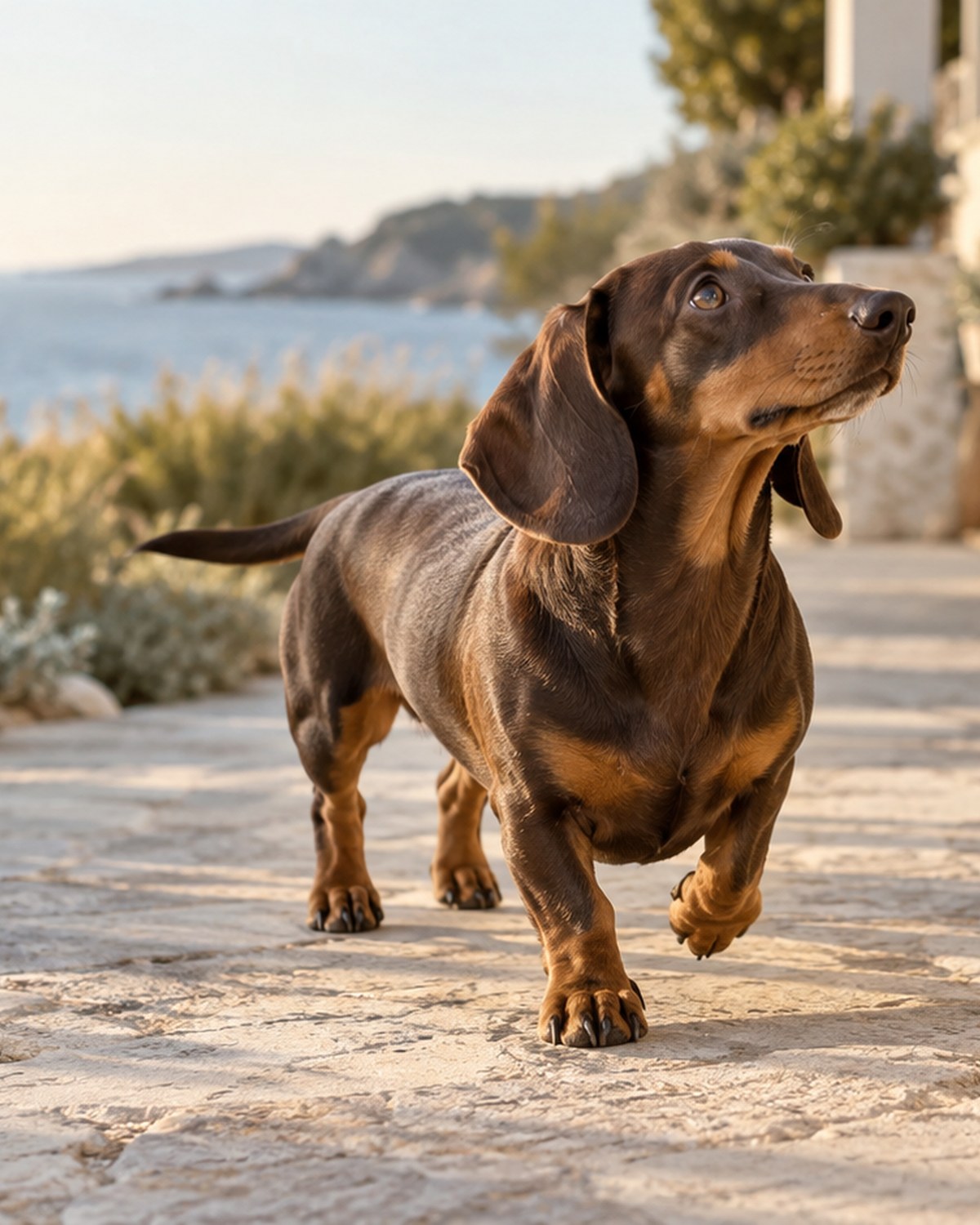 A dachshund walking beside its owner on a coastal path