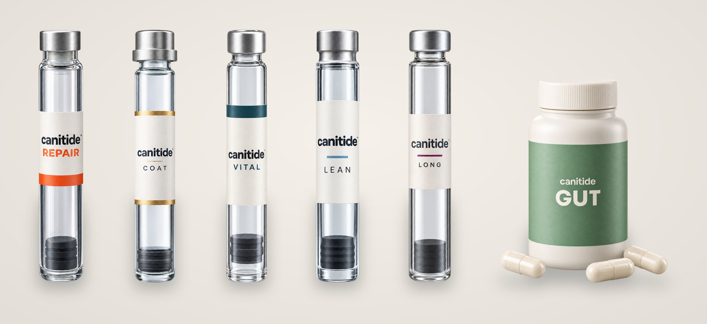 All six Canitide formulas: REPAIR, COAT, VITAL, LEAN, LONG cartridges and GUT capsules