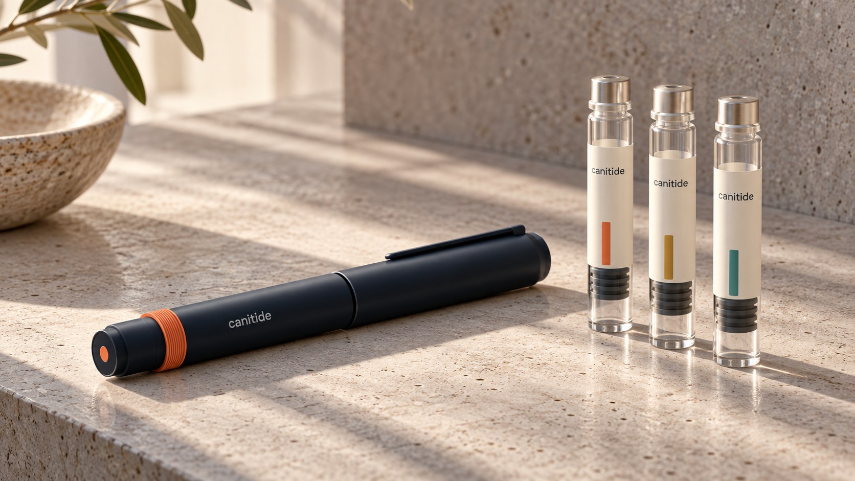 The Canitide Pen with three pre-mixed cartridges on a sunlit stone counter
